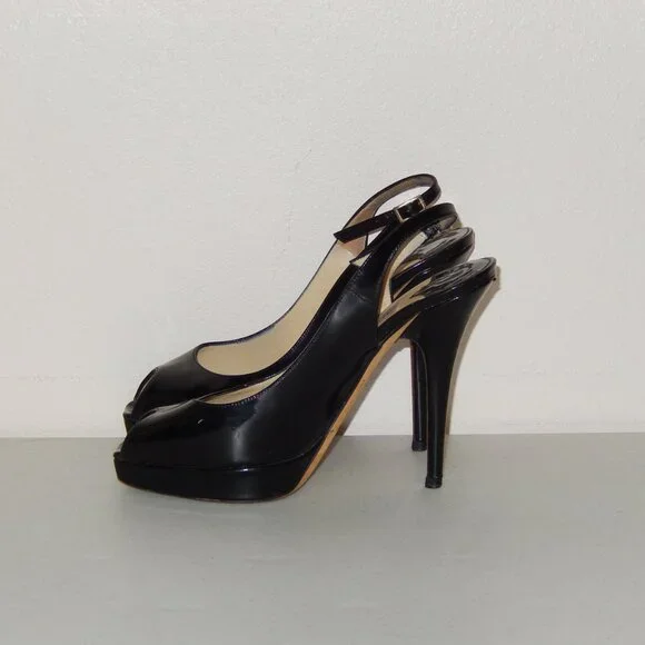 Jimmy Choo Black Patent Peeptoe Slingback Heels Shoes Pumps 36 6 - Picture 6 of 11